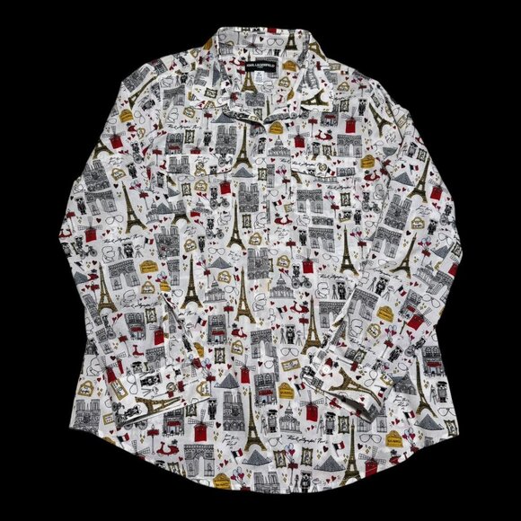 Karl Lagerfield French Paris Print Blouse Women’s Medium Button Up Top‎ Classic - Picture 1 of 6
